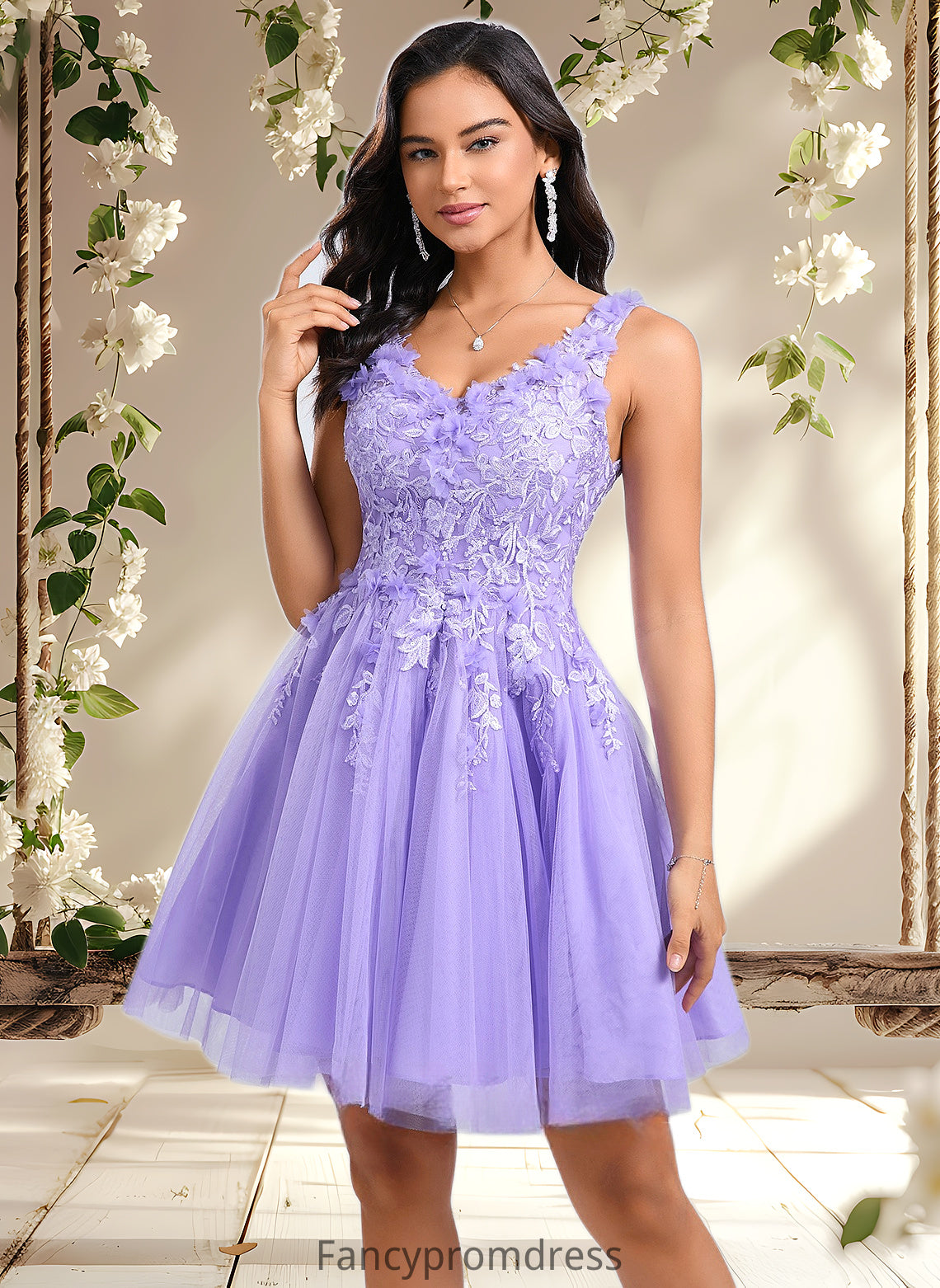 Lilith Ball-Gown/Princess V-Neck Short Lace Tulle Homecoming Dress With Flower DRP0025656