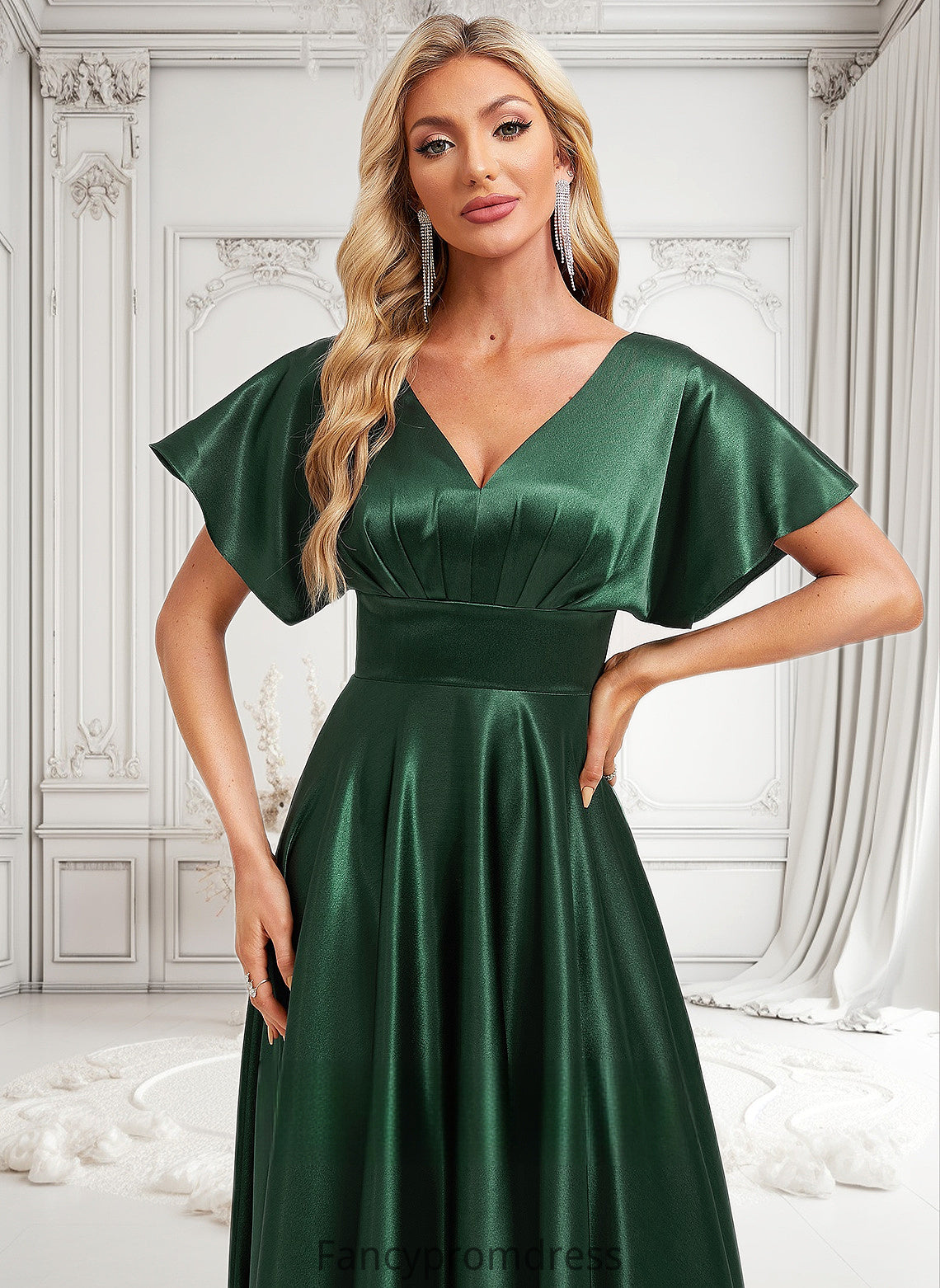 Nathalia A-line V-Neck Floor-Length Stretch Satin Bridesmaid Dress DRP0025782