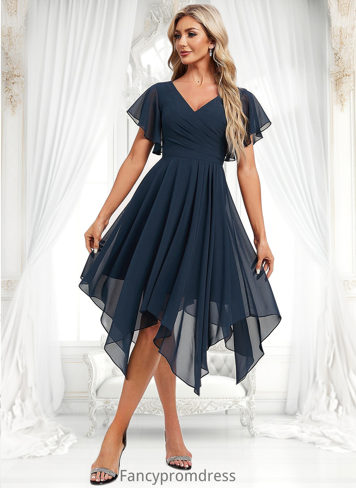 Ellen A-line V-Neck Asymmetrical Chiffon Bridesmaid Dress With Ruffle DRP0025804