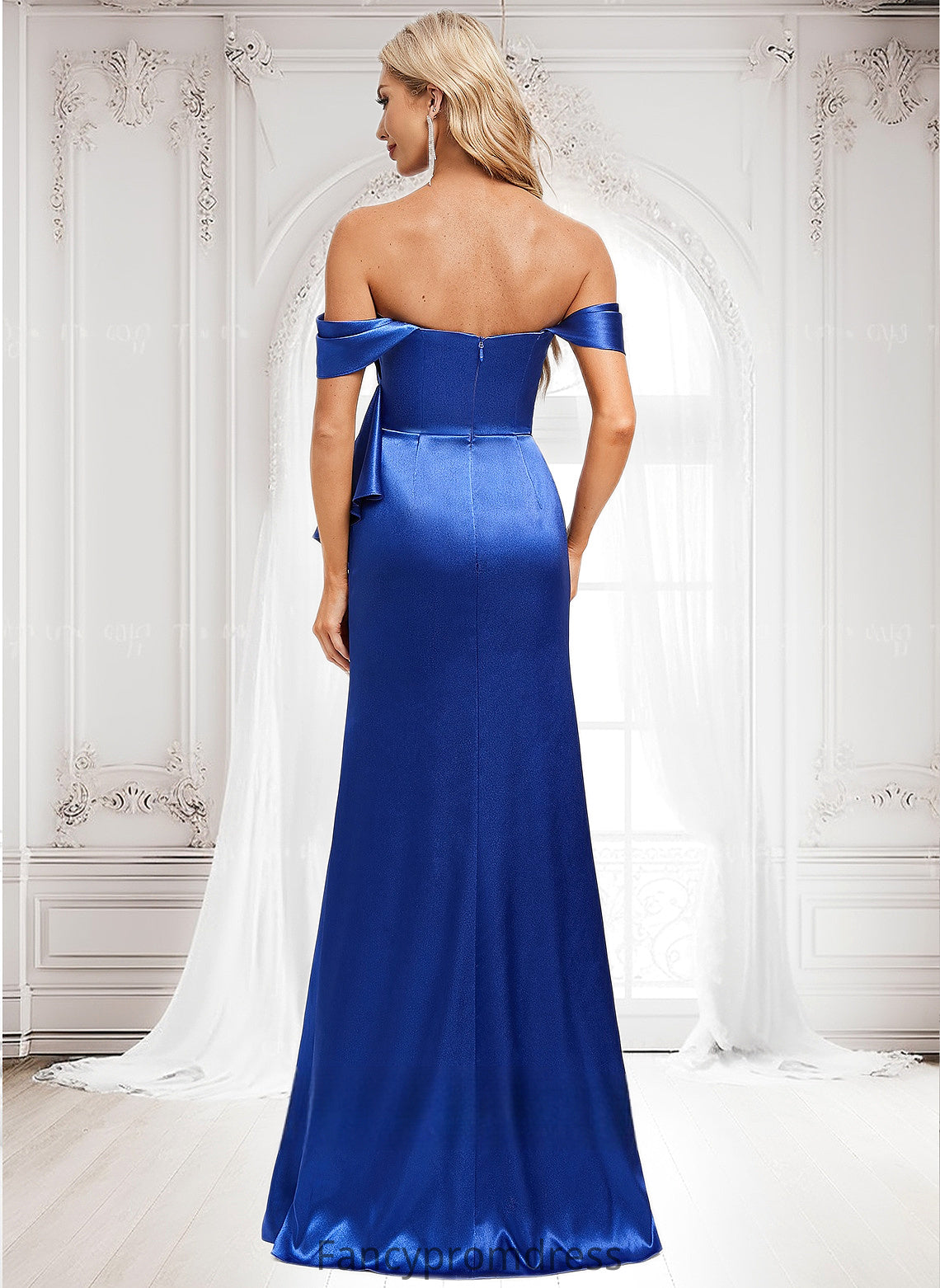 Kaylee Trumpet/Mermaid Off the Shoulder Floor-Length Stretch Satin Bridesmaid Dress With Ruffle DRP0025800