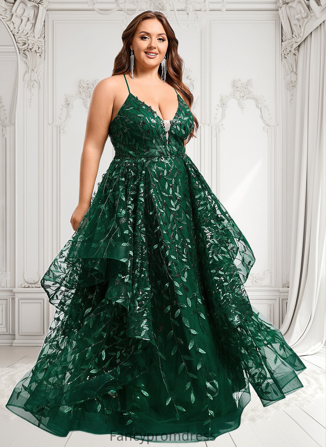 Tess Ball-Gown/Princess V-Neck Floor-Length Lace Floral Prom Dresses With Sequins DRP0025838