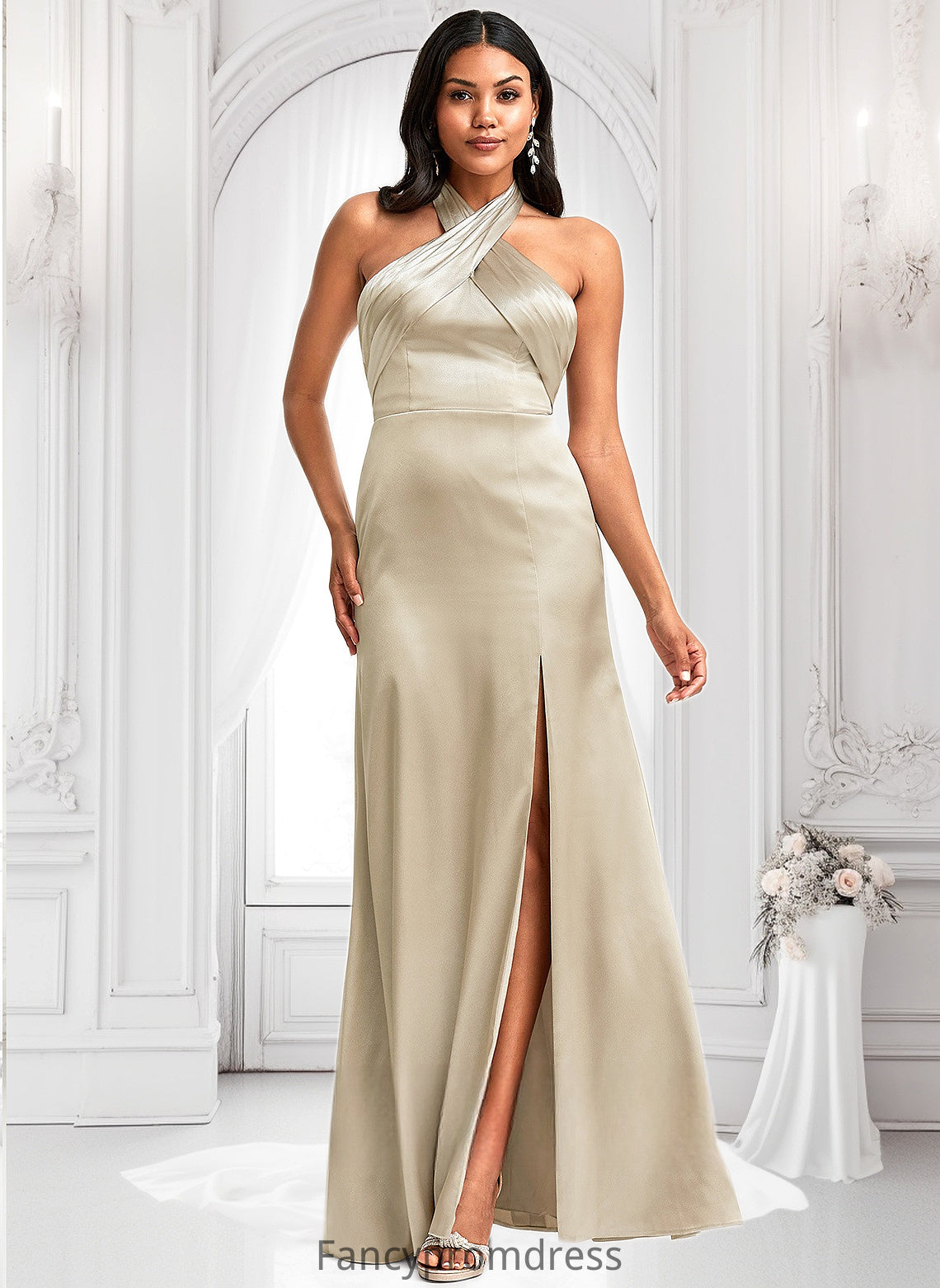 Madelyn A-line Halter Floor-Length Stretch Satin Bridesmaid Dress DRP0025761