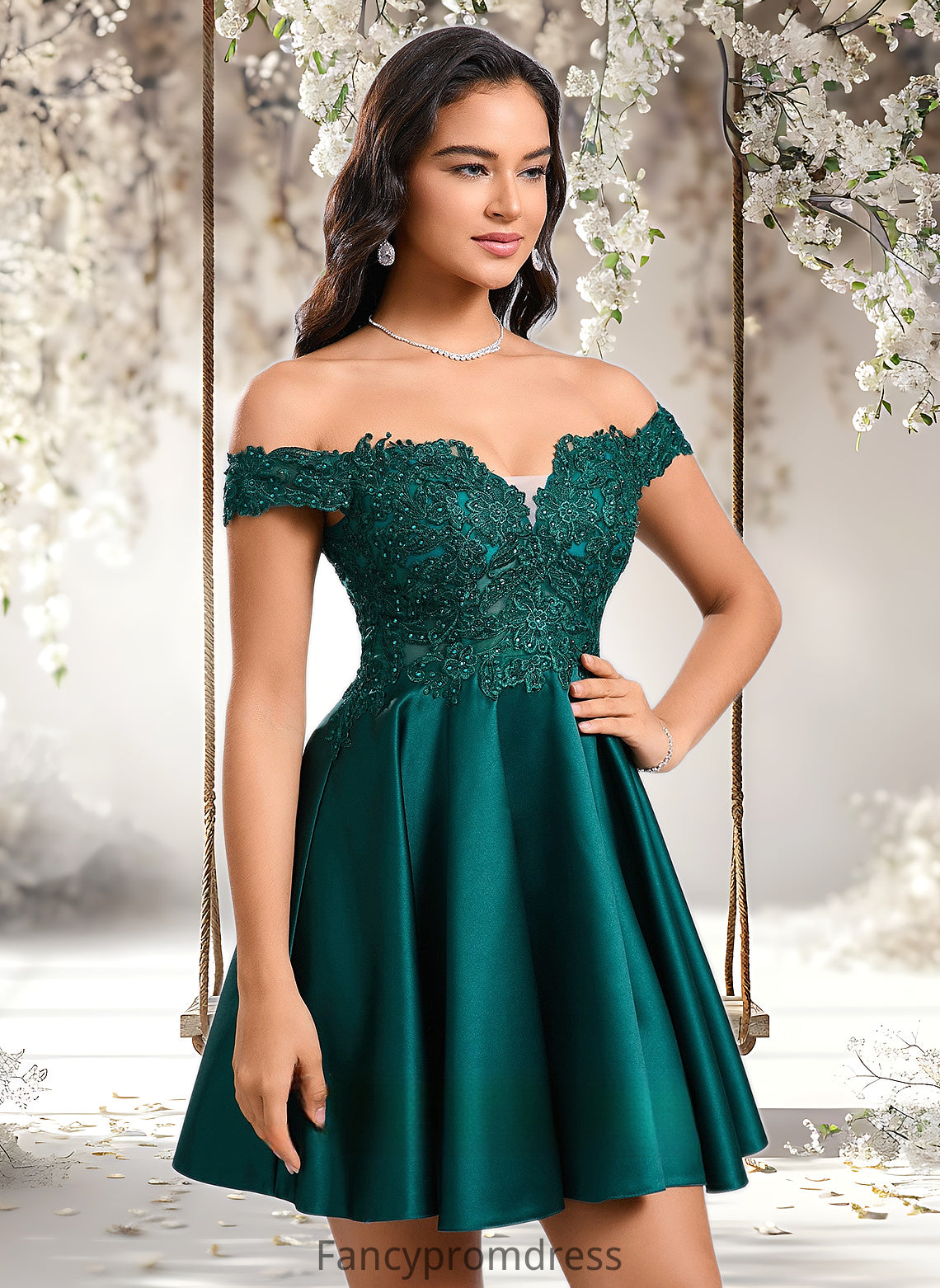 Nell A-line Off the Shoulder Short Lace Satin Homecoming Dress With Rhinestone DRP0025718