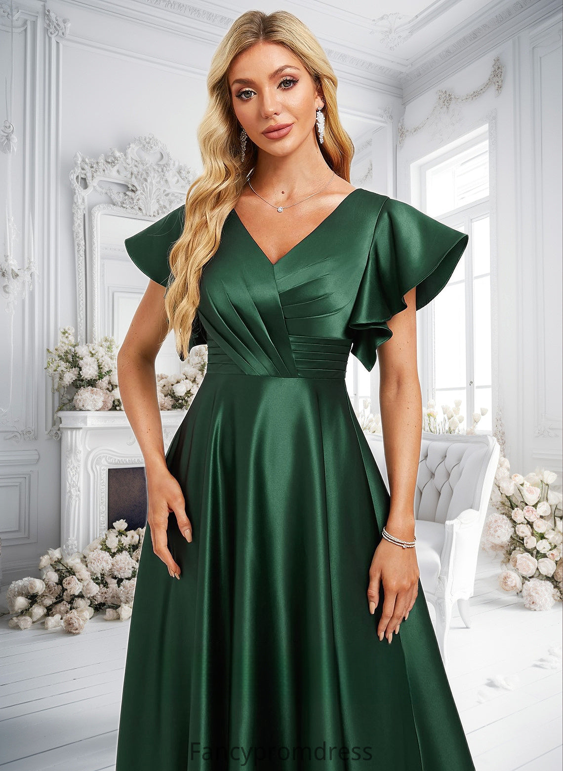 Selina A-line V-Neck Floor-Length Satin Bridesmaid Dress With Ruffle DRP0025777