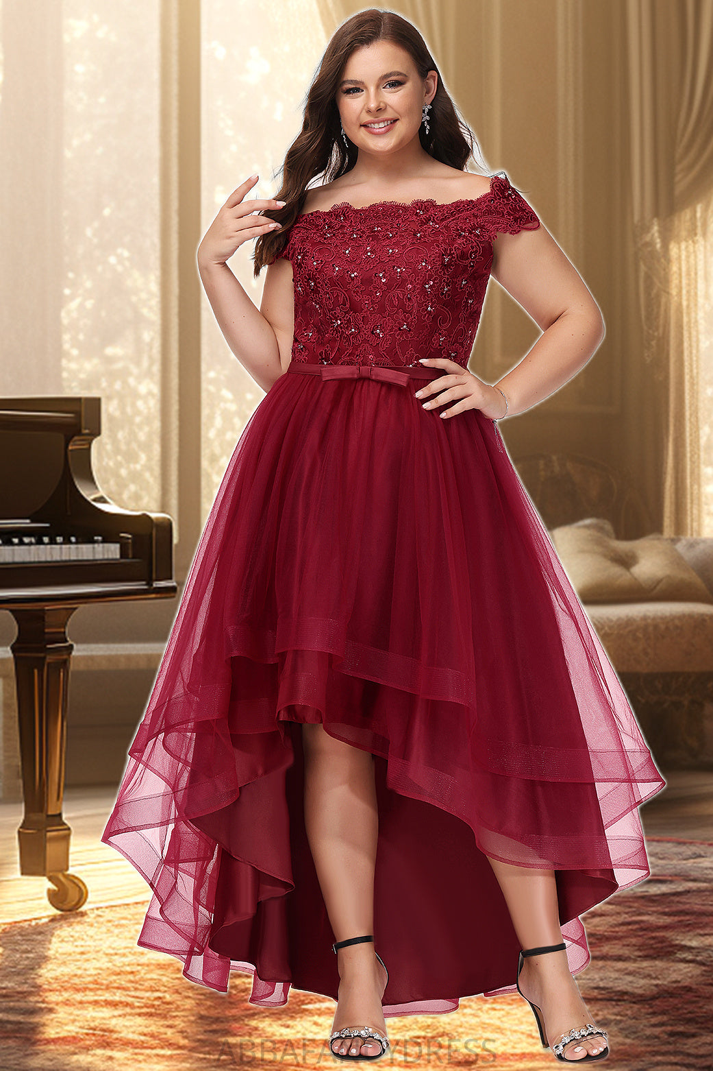 Lucy A-line Off the Shoulder Asymmetrical Lace Tulle Homecoming Dress With Beading Bow Sequins DRP0020535