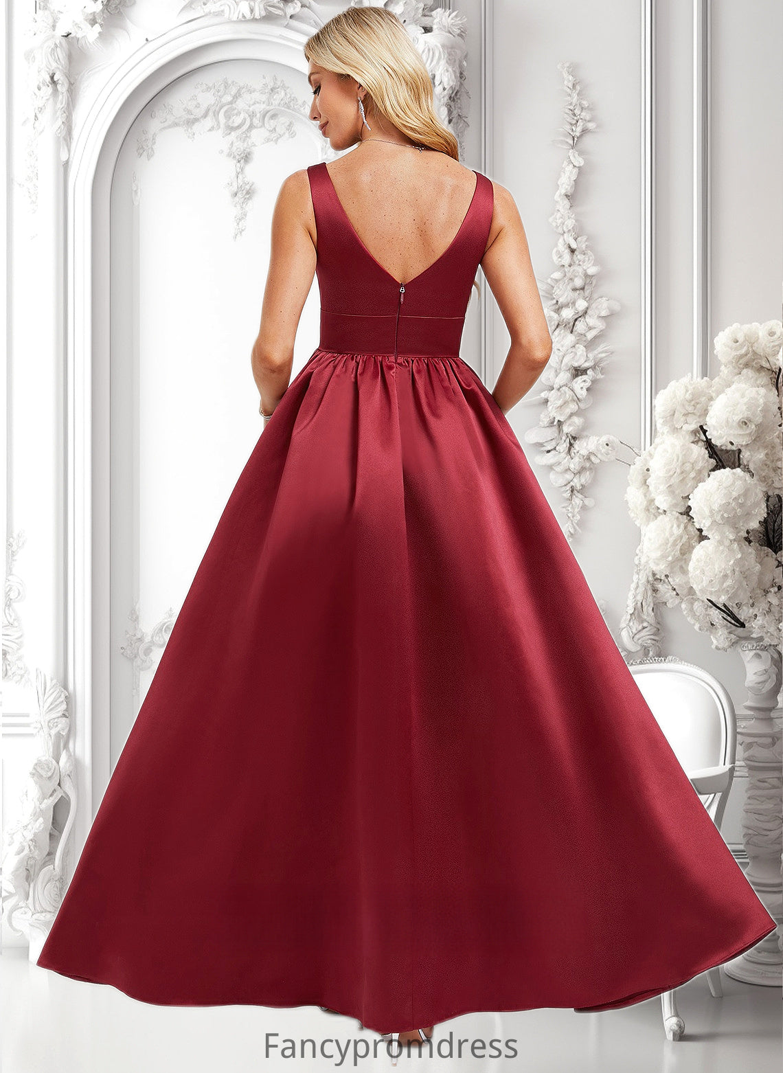 Amelie A-line V-Neck Floor-Length Satin Bridesmaid Dress DRP0025775