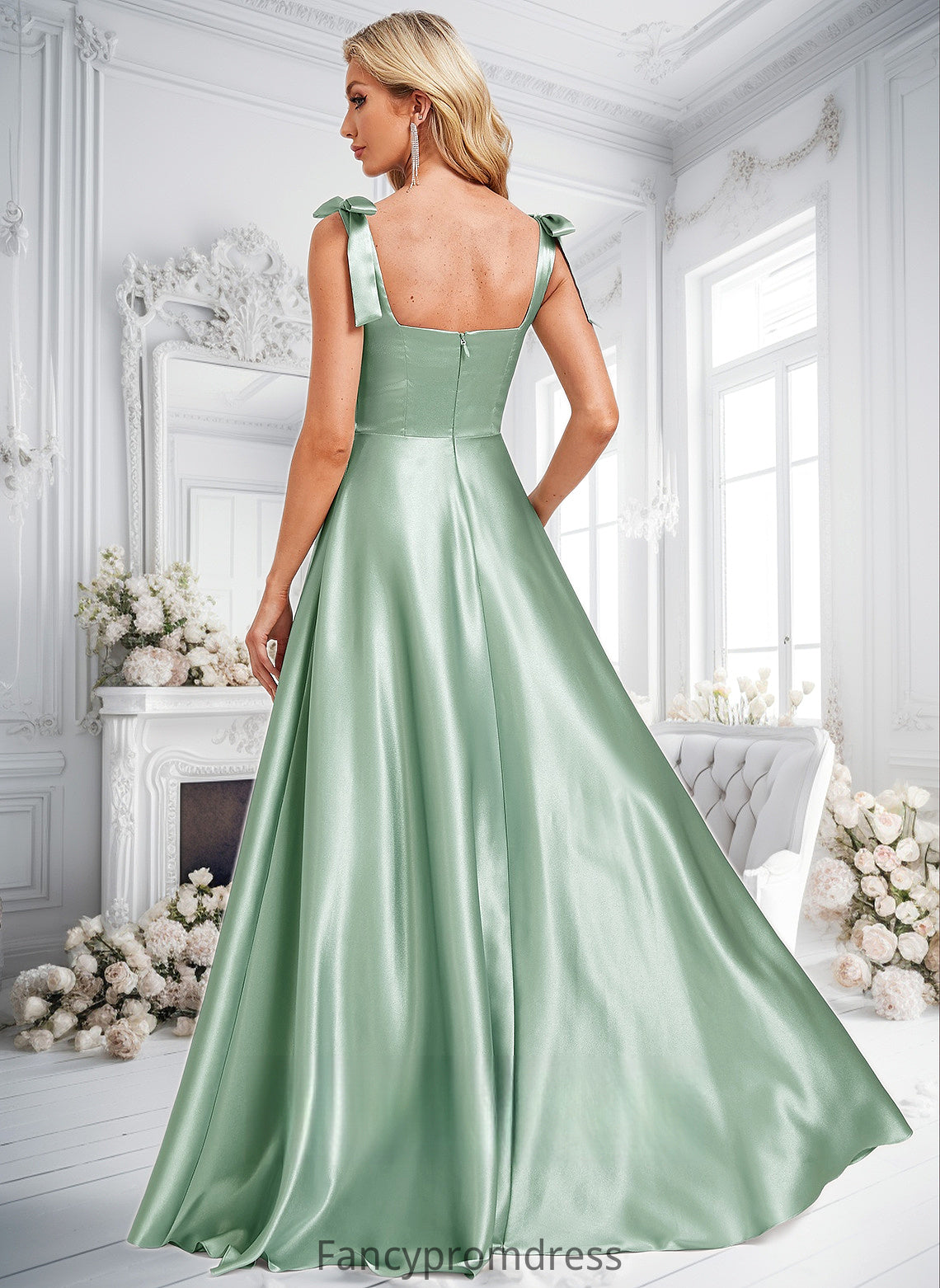 Nola A-line Square Floor-Length Stretch Satin Bridesmaid Dress With Bow DRP0025788