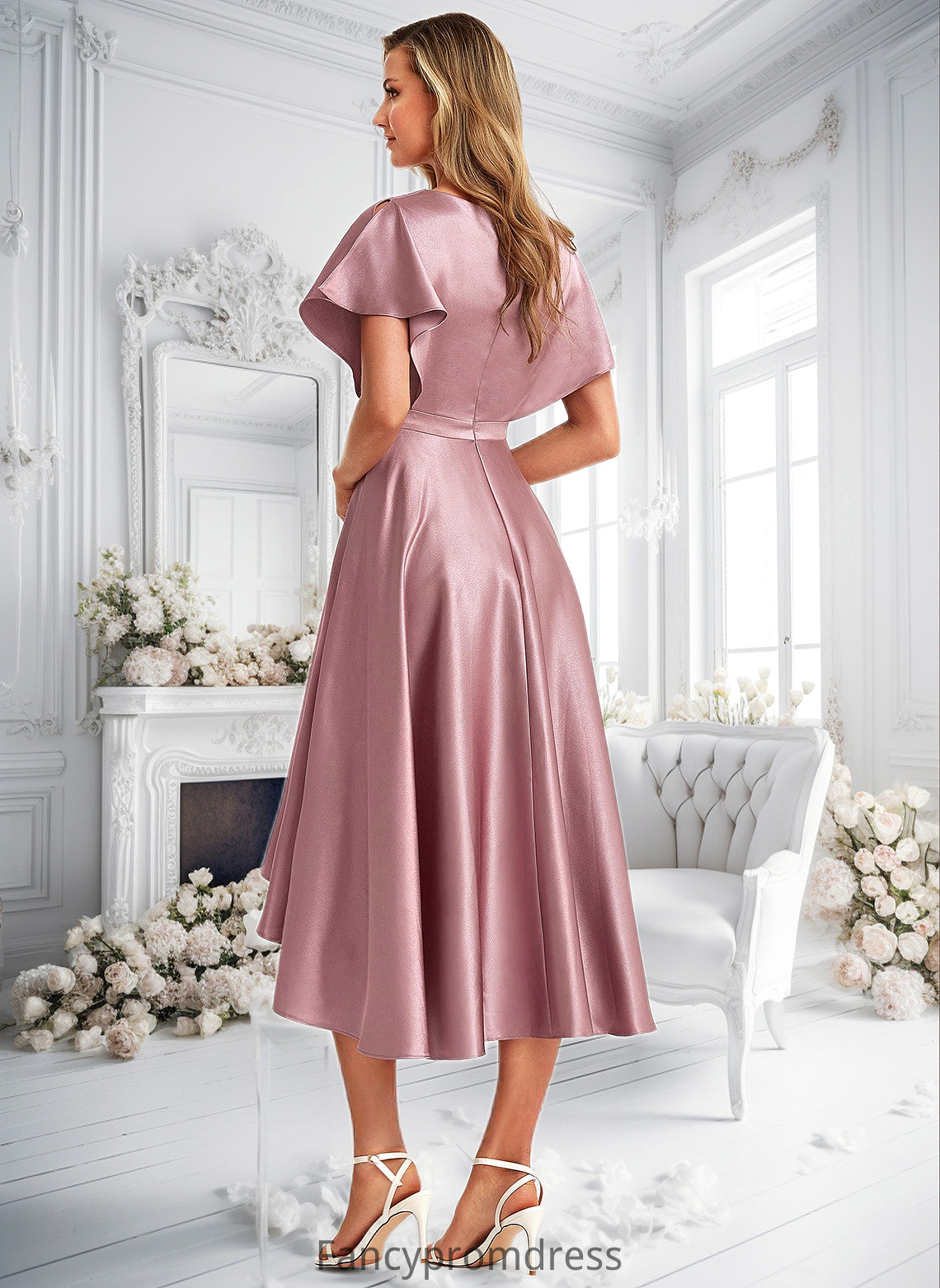 Ella A-line V-Neck Asymmetrical Stretch Satin Bridesmaid Dress DRP0025752