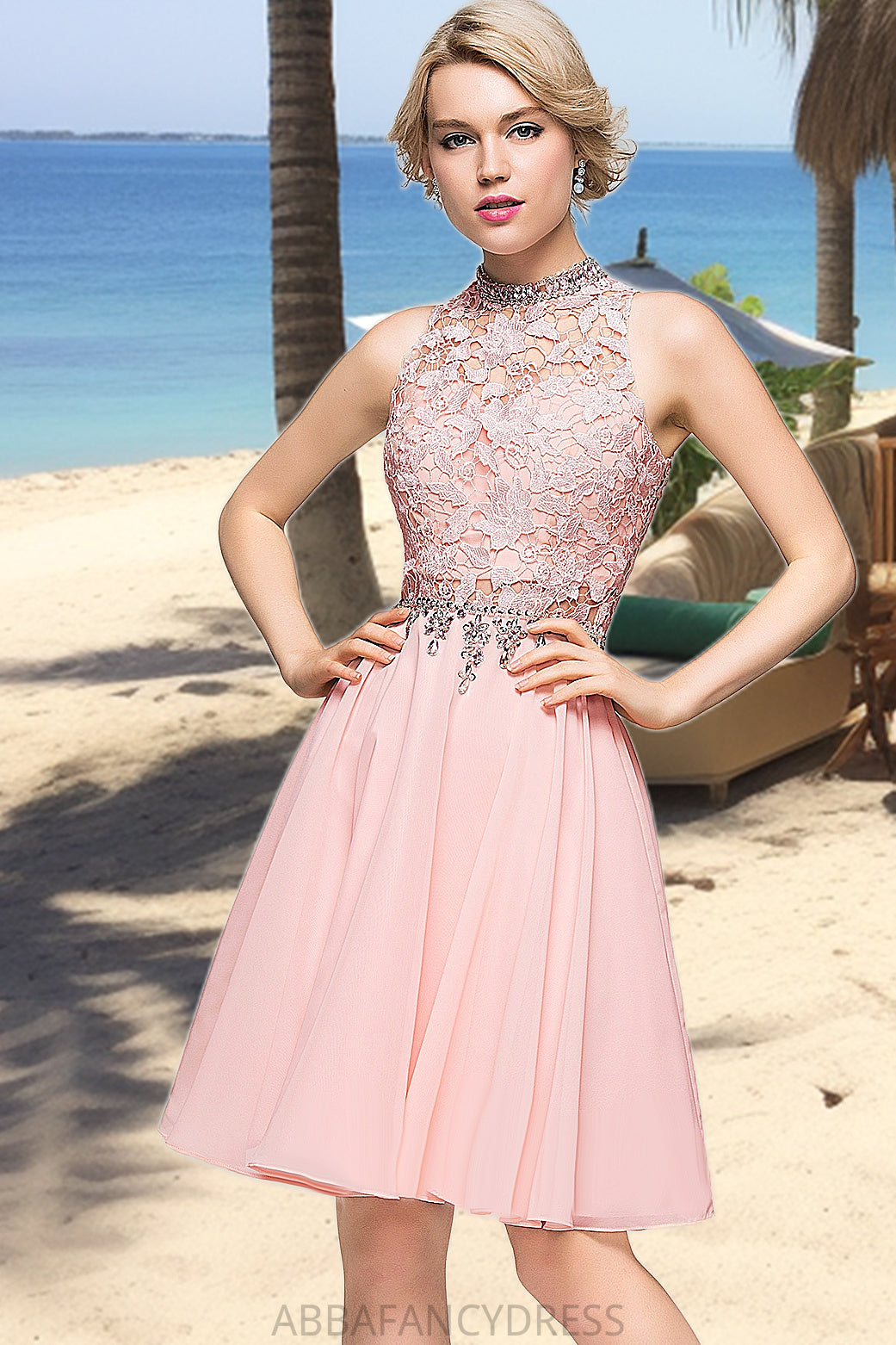 Carley A-line High Neck Knee-Length Chiffon Lace Homecoming Dress With Beading Sequins DRP0020596