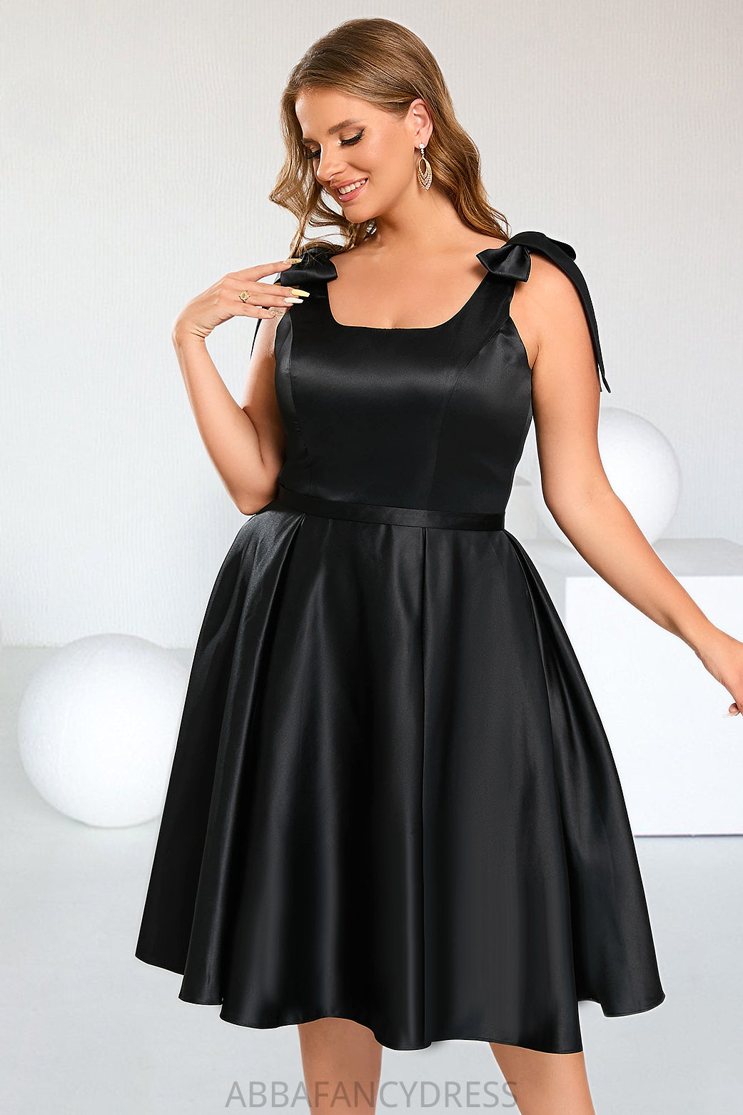 Addison A-line Square Knee-Length Satin Homecoming Dress With Bow DRP0020556