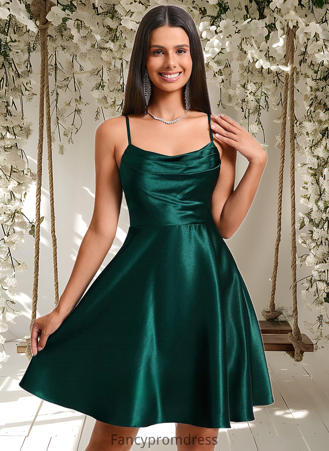 Elianna A-line Cowl Short Stretch Satin Homecoming Dress DRP0025664