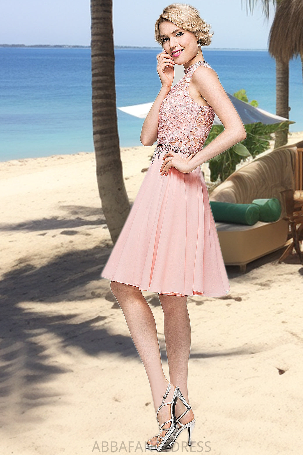 Carley A-line High Neck Knee-Length Chiffon Lace Homecoming Dress With Beading Sequins DRP0020596