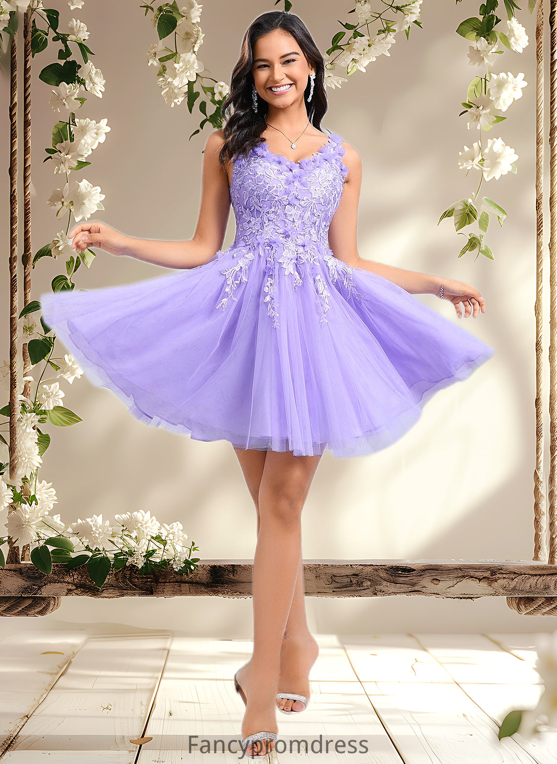 Lilith Ball-Gown/Princess V-Neck Short Lace Tulle Homecoming Dress With Flower DRP0025656