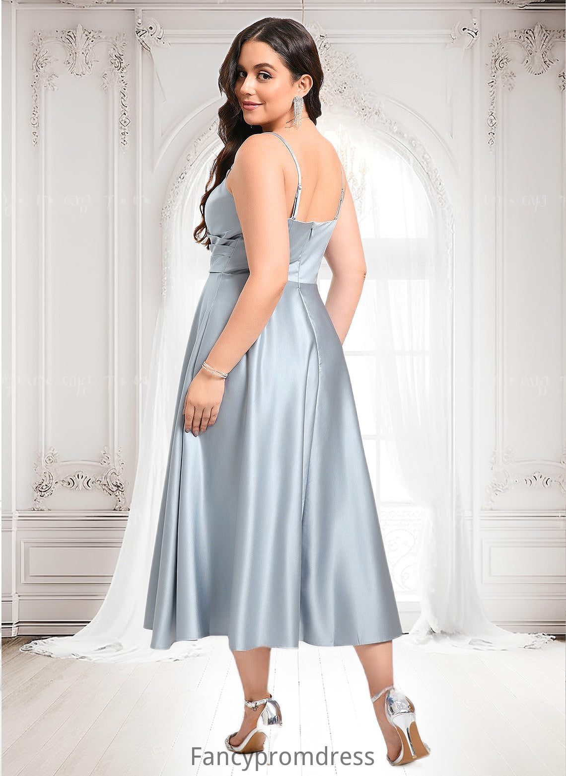 Karina A-line V-Neck Tea-Length Satin Bridesmaid Dress DRP0025794