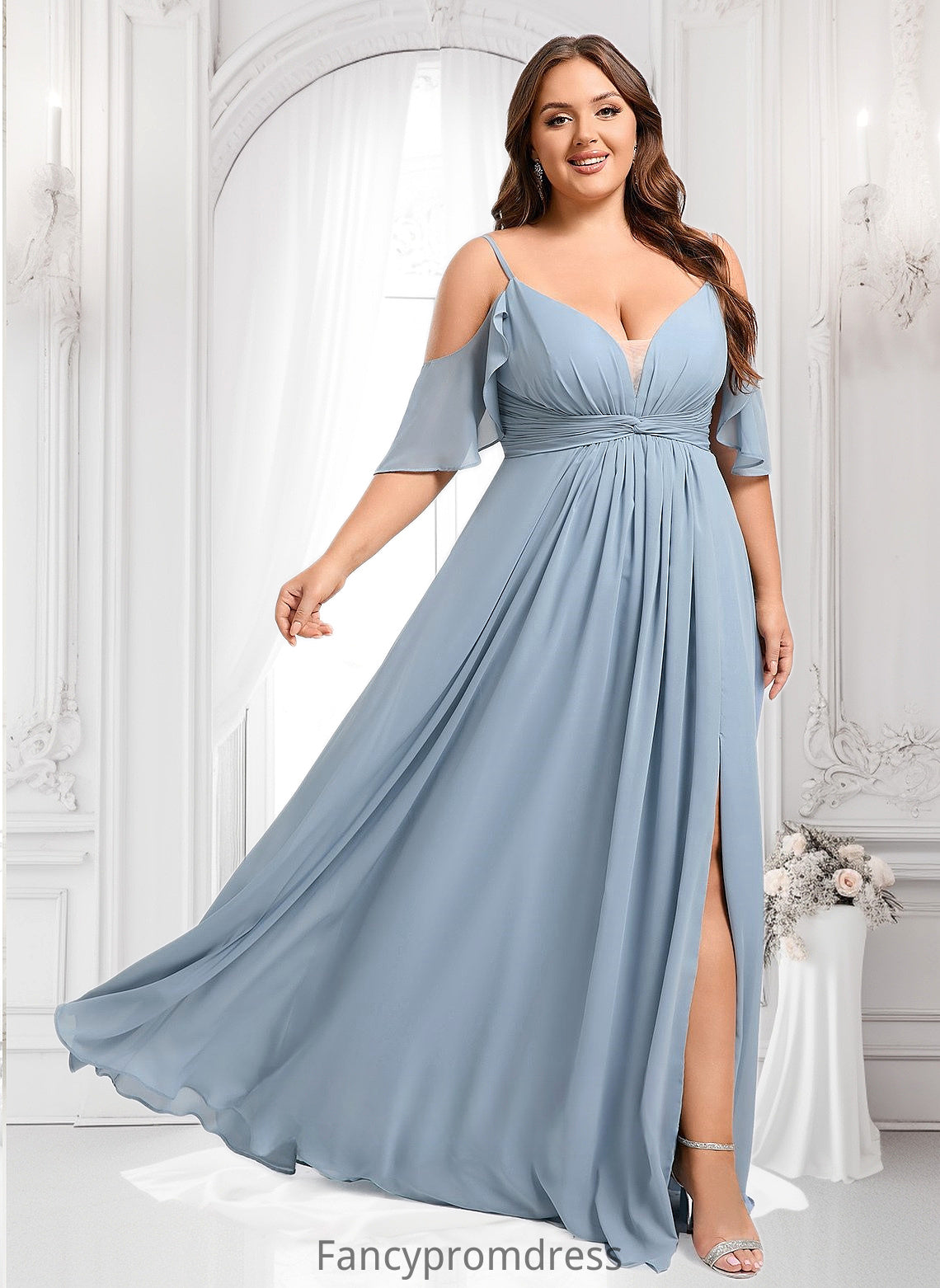 Marisa A-line Cold Shoulder Floor-Length Chiffon Bridesmaid Dress With Ruffle DRP0025797