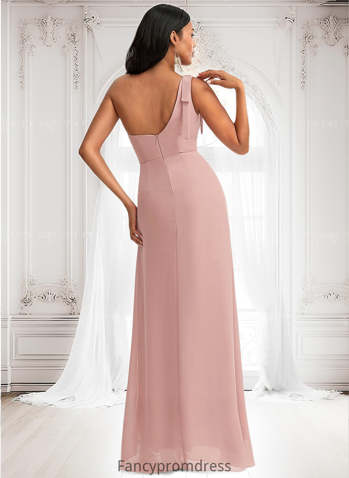 Elise A-line One Shoulder Floor-Length Chiffon Bridesmaid Dress With Bow DRP0025748