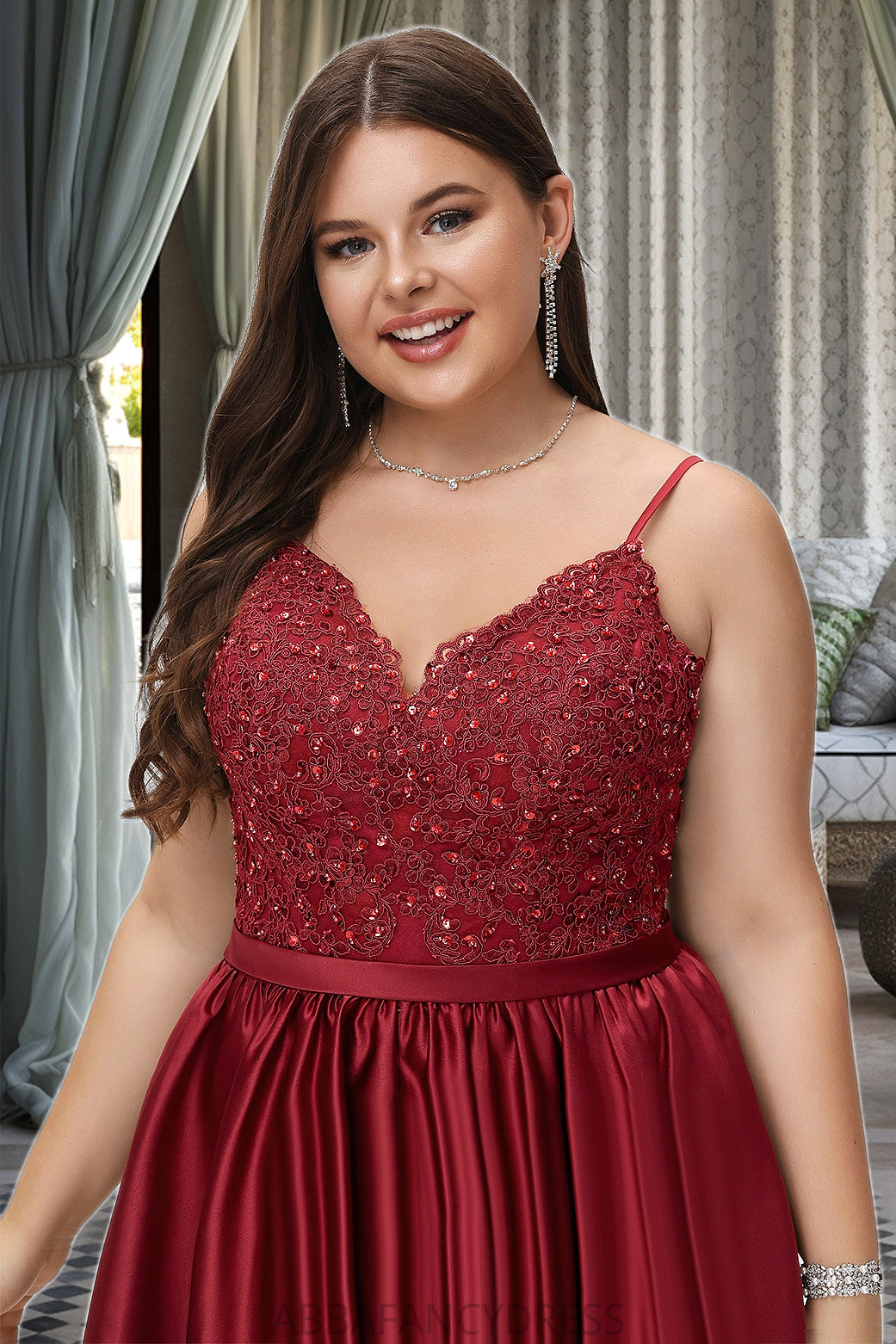 Urania A-line V-Neck Short/Mini Lace Satin Homecoming Dress With Beading DRP0020554