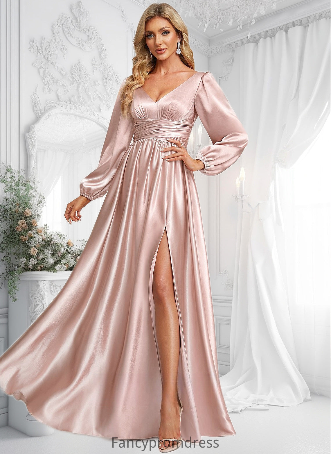 Robin A-line V-Neck Floor-Length Stretch Satin Prom Dresses DRP0025880