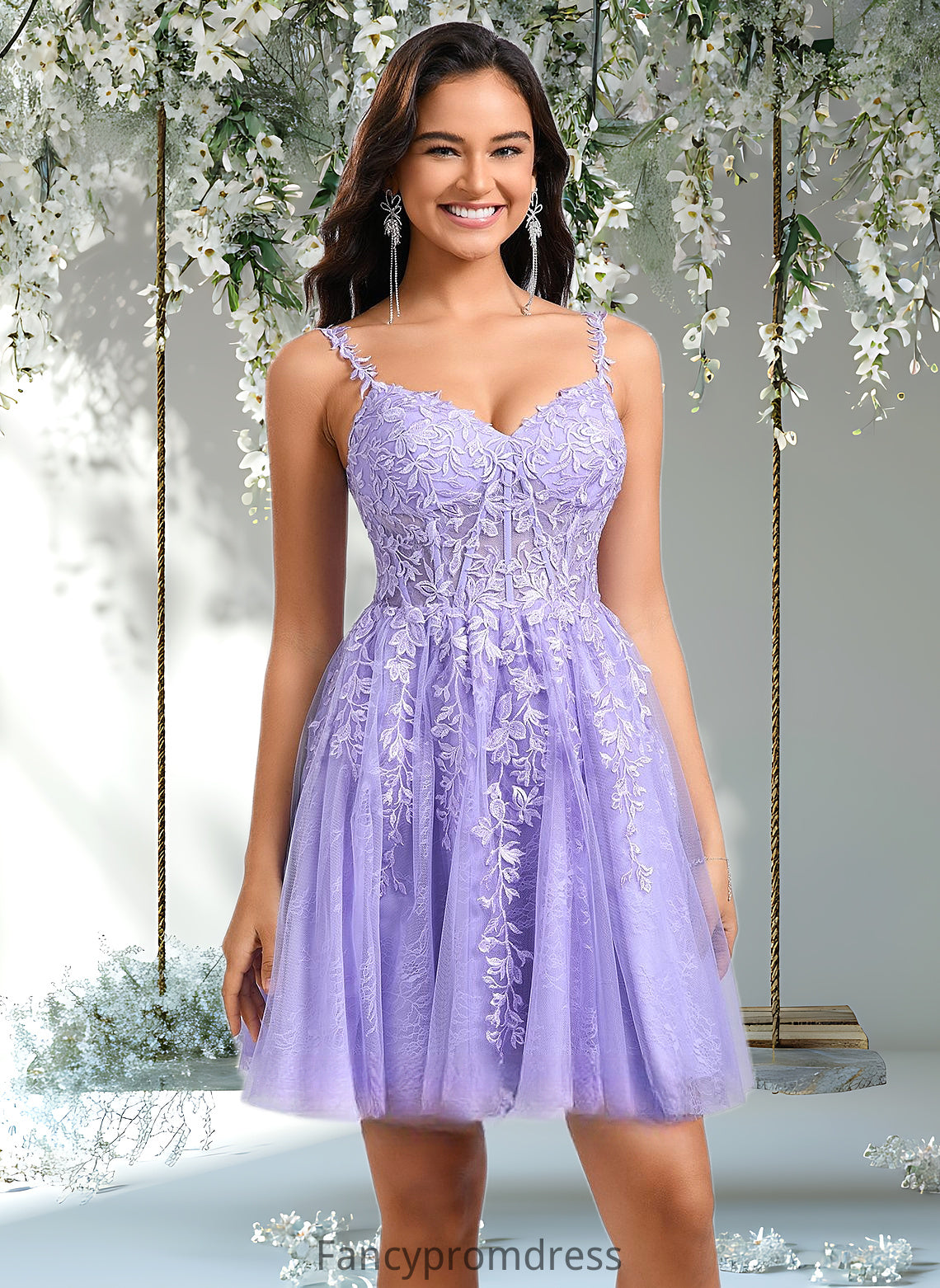 Rita A-line V-Neck Short Tulle Lace Homecoming Dress DRP0025640