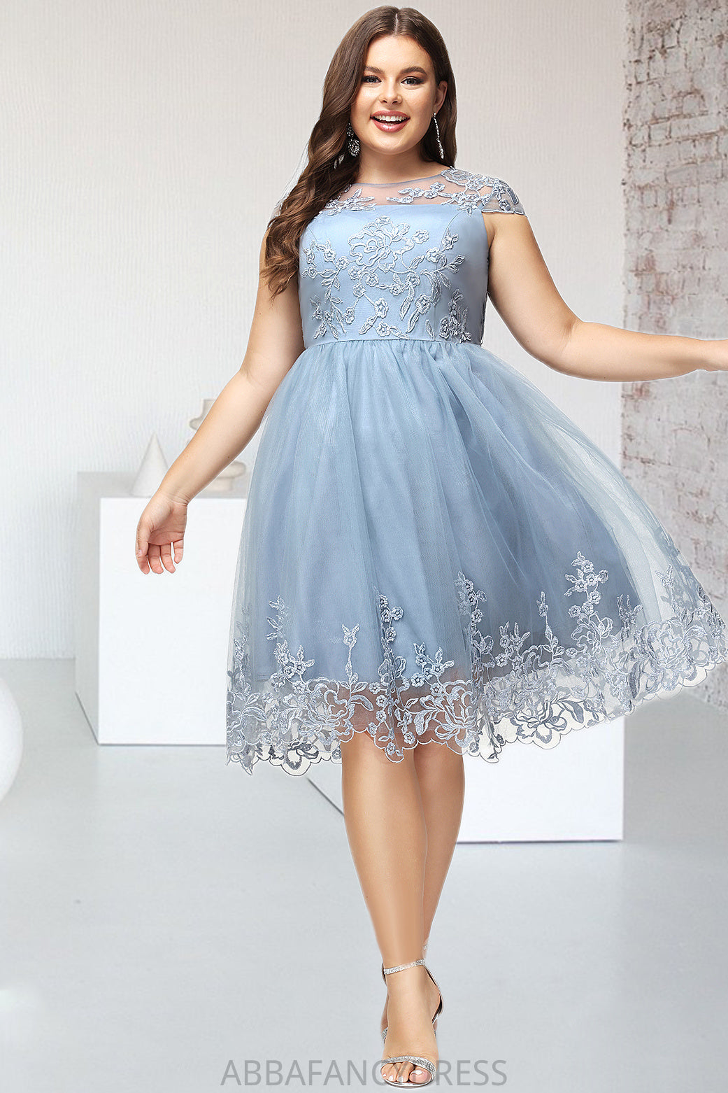 Pru A-line Scoop Knee-Length Lace Tulle Homecoming Dress With Sequins DRP0020579