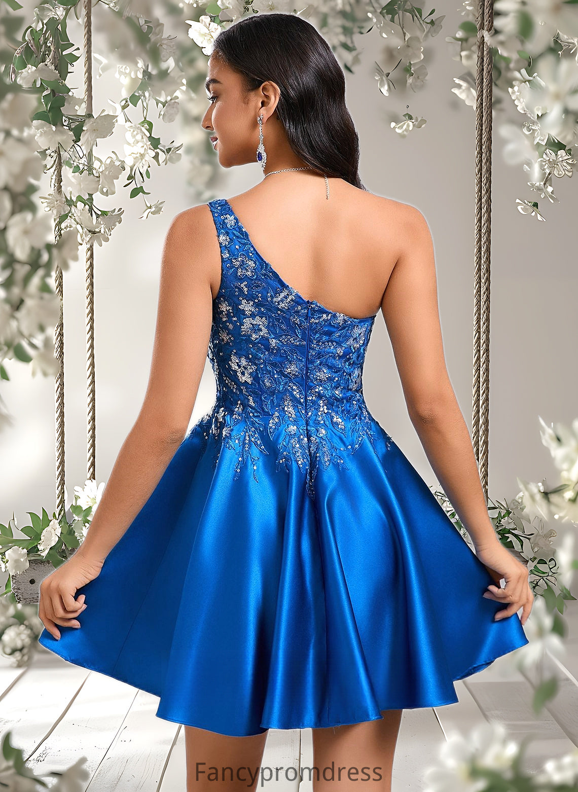 Mikayla A-line One Shoulder Short Satin Homecoming Dress With Appliques Lace Sequins DRP0025657