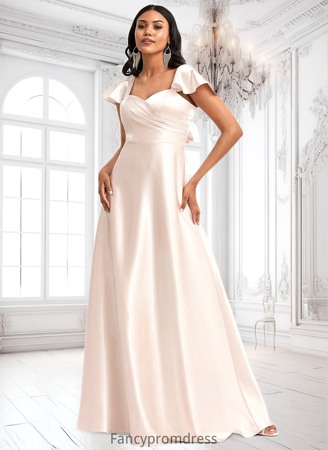 Stephanie A-line V-Neck Floor-Length Stretch Satin Bridesmaid Dress With Bow DRP0025759