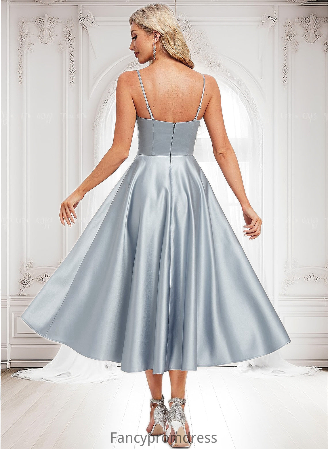 Karina A-line V-Neck Tea-Length Satin Bridesmaid Dress DRP0025794