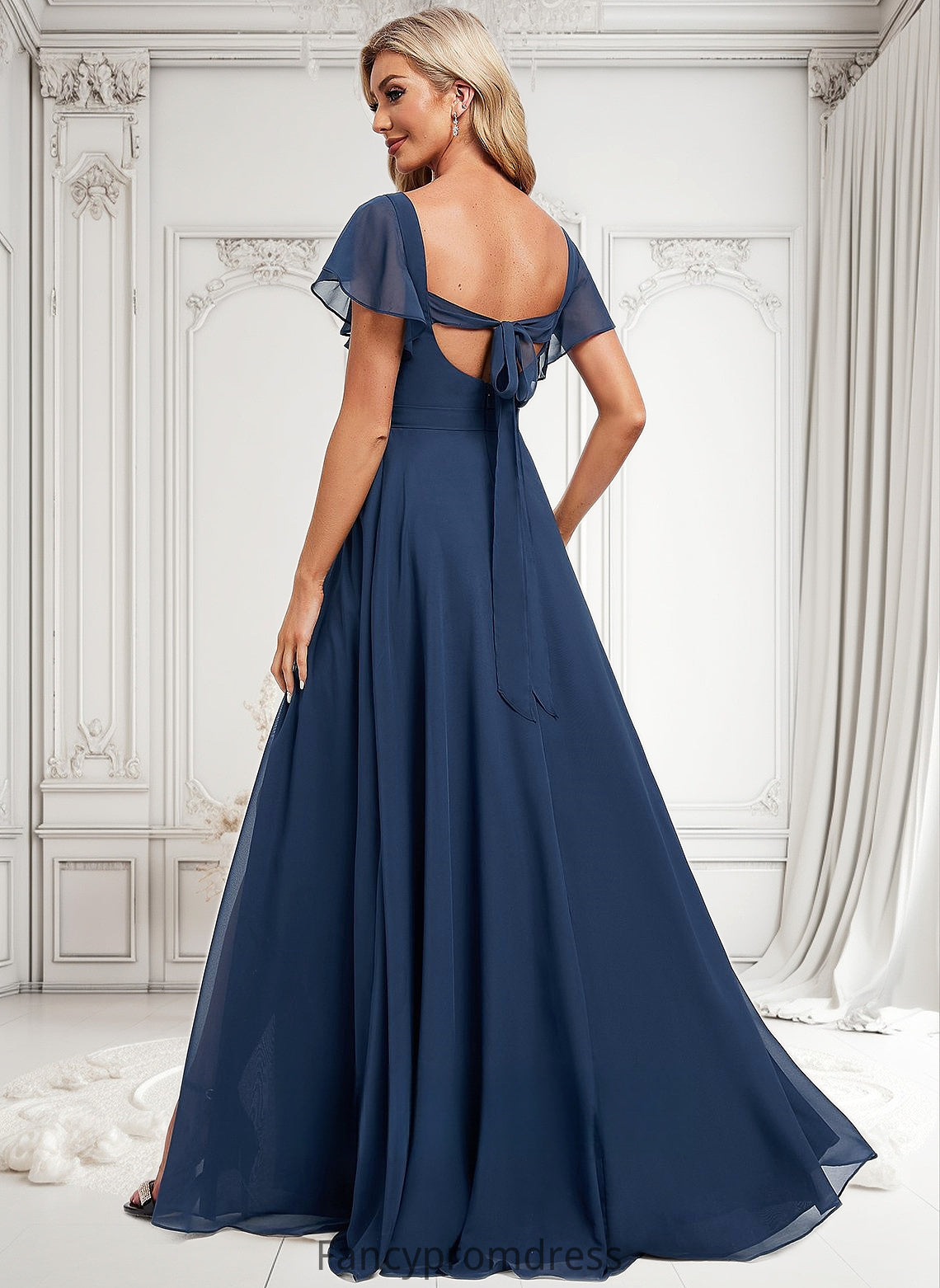 Liana A-line V-Neck Floor-Length Chiffon Bridesmaid Dress With Ruffle DRP0025802