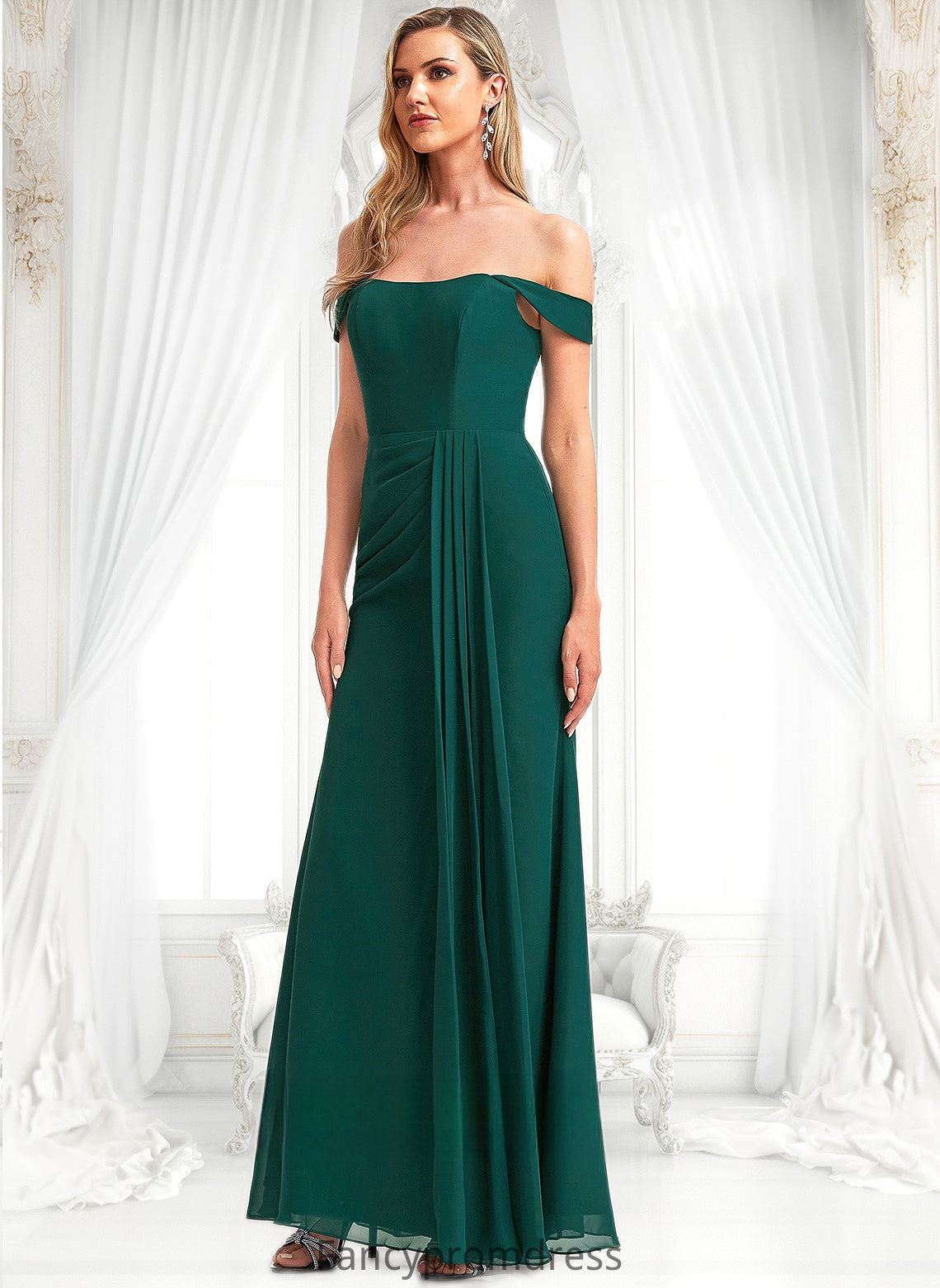 Jessie A-line Off the Shoulder Floor-Length Chiffon Bridesmaid Dress DRP0025744