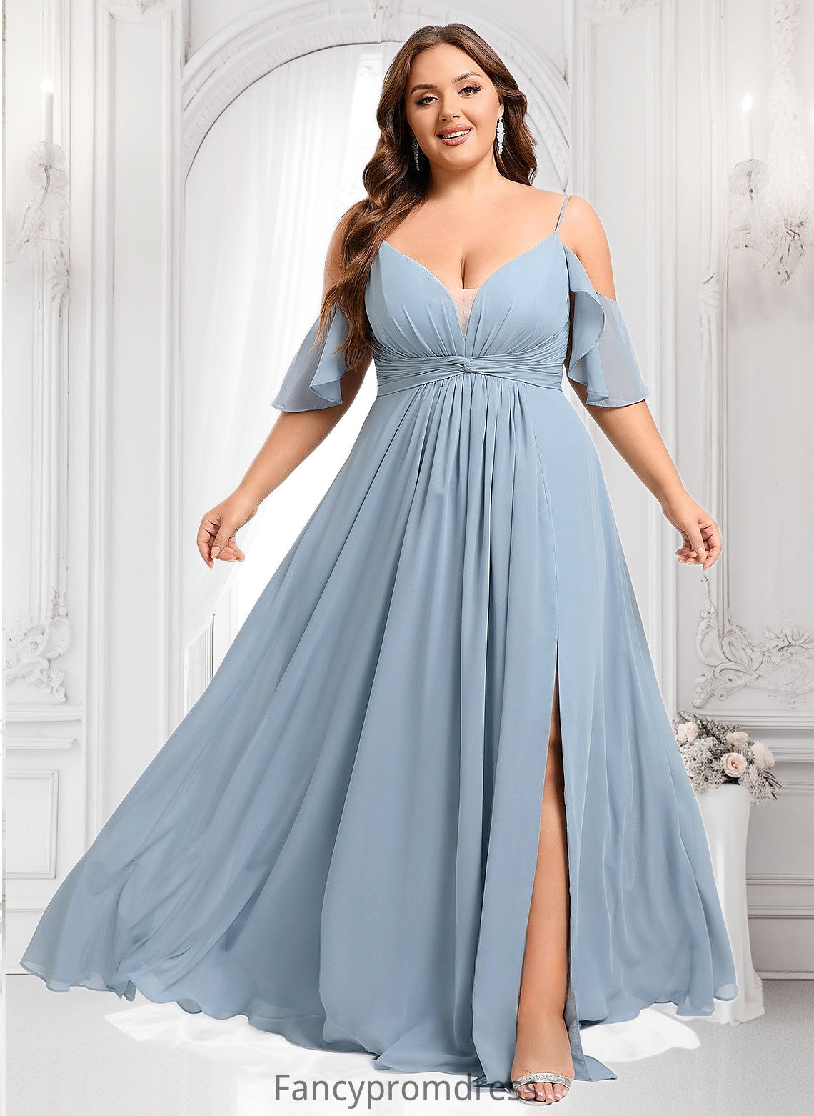 Marisa A-line Cold Shoulder Floor-Length Chiffon Bridesmaid Dress With Ruffle DRP0025797