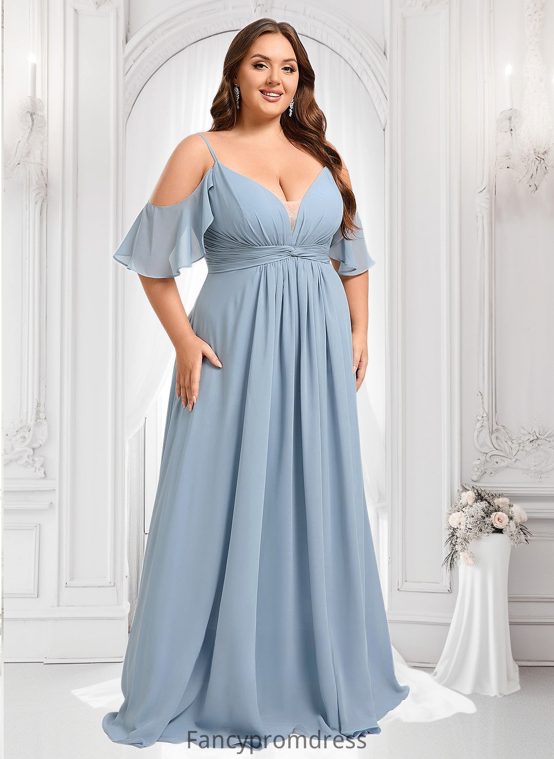 Marisa A-line Cold Shoulder Floor-Length Chiffon Bridesmaid Dress With Ruffle DRP0025797