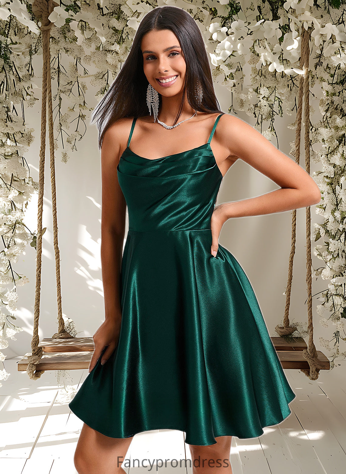 Elianna A-line Cowl Short Stretch Satin Homecoming Dress DRP0025664