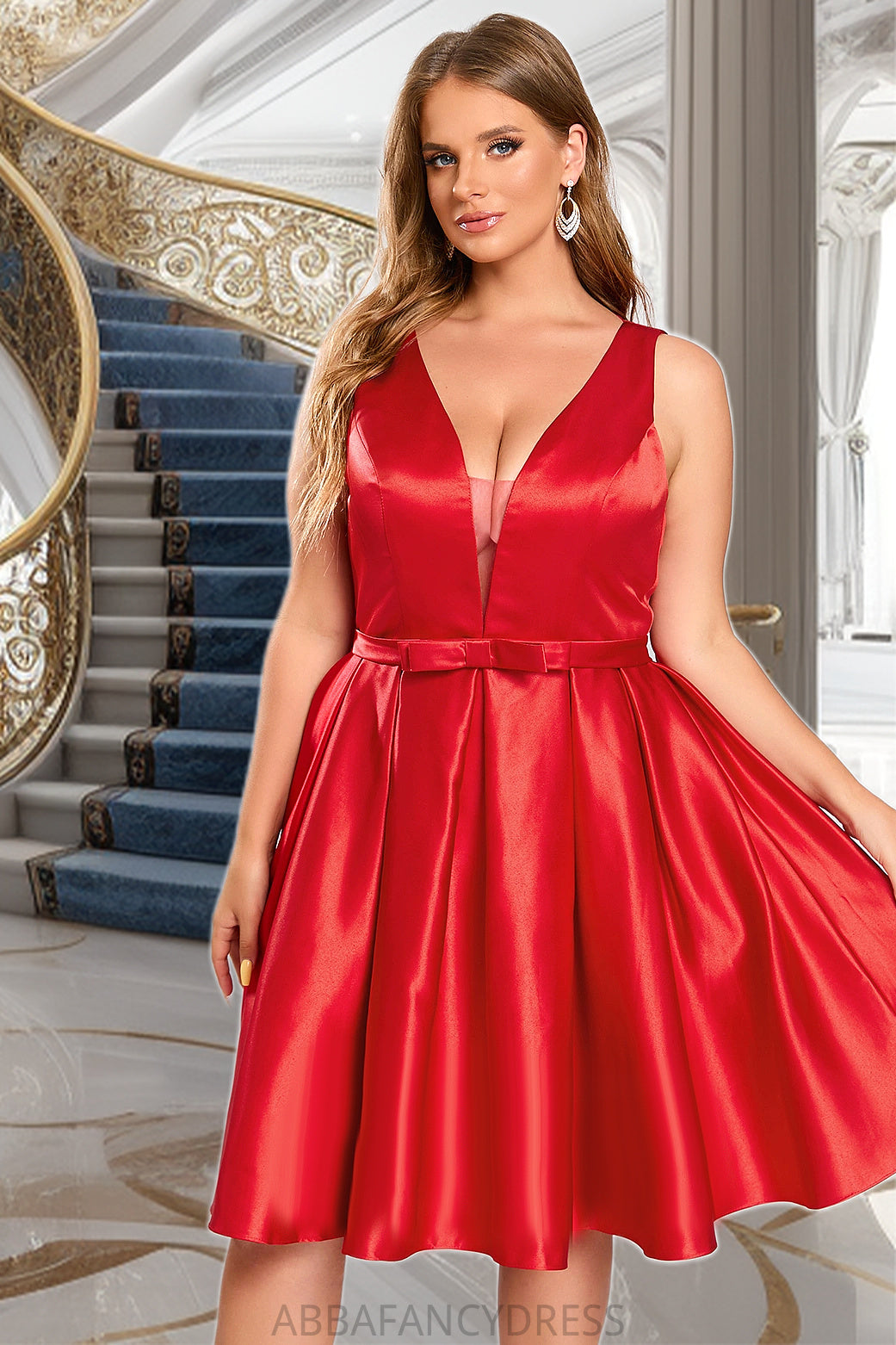 Melanie A-line V-Neck Short/Mini Satin Homecoming Dress With Bow DRP0020583