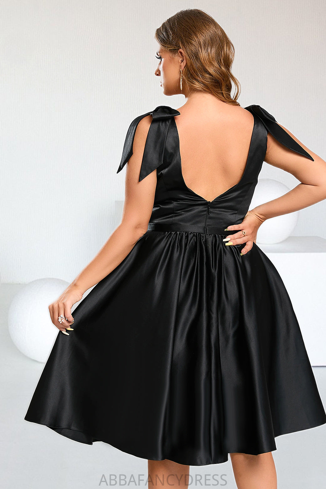 Addison A-line Square Knee-Length Satin Homecoming Dress With Bow DRP0020556