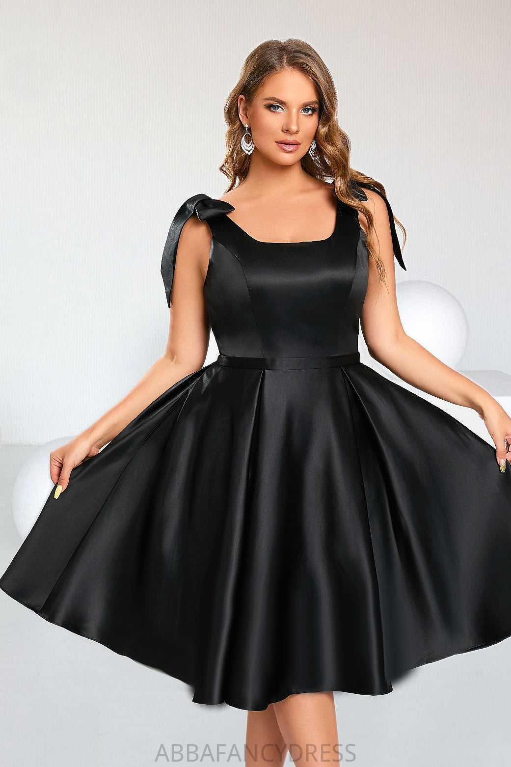 Addison A-line Square Knee-Length Satin Homecoming Dress With Bow DRP0020556