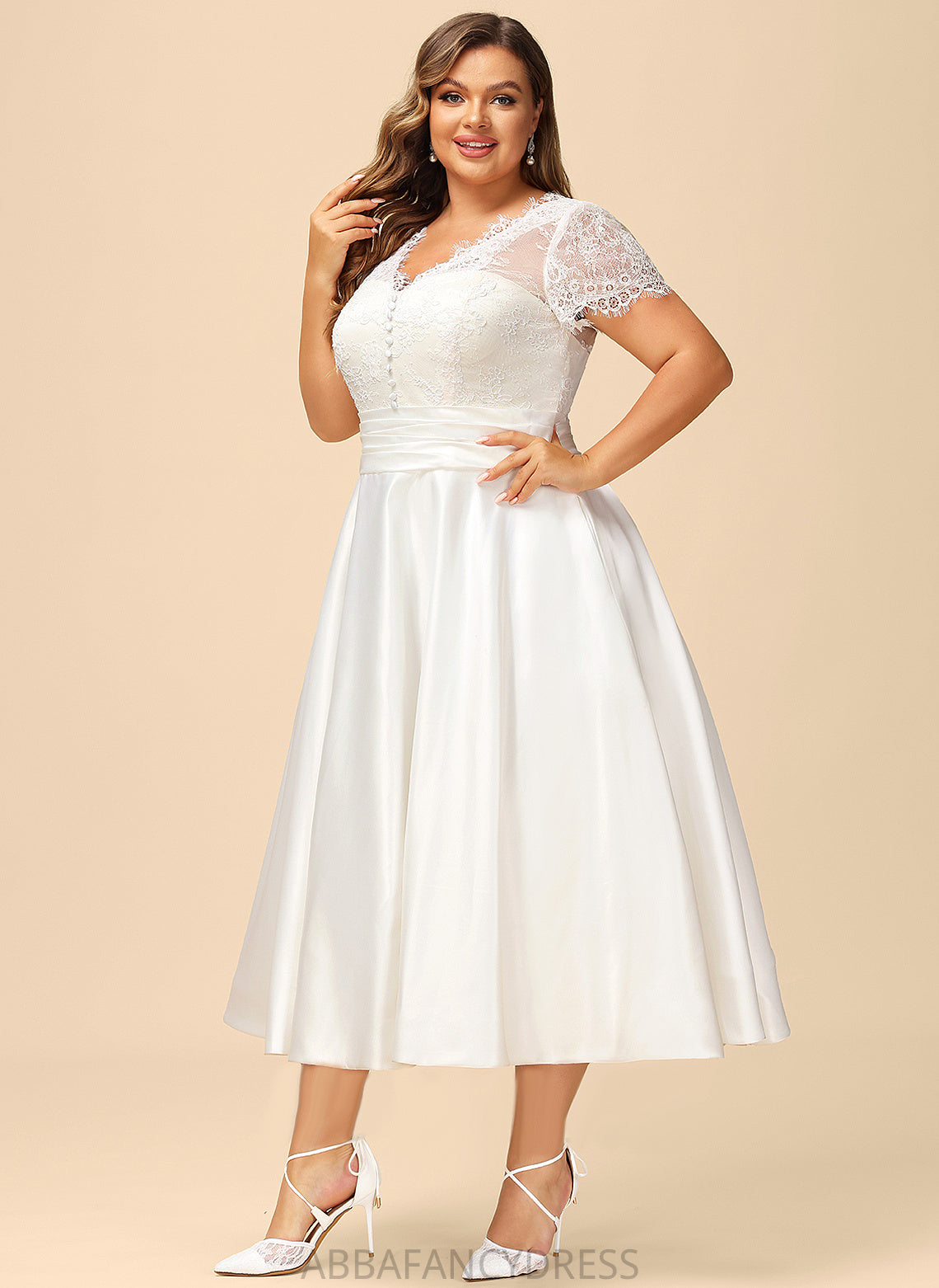 Ruffle Dress Tea-Length Lace With Emelia Wedding Dresses Wedding A-Line V-neck Satin