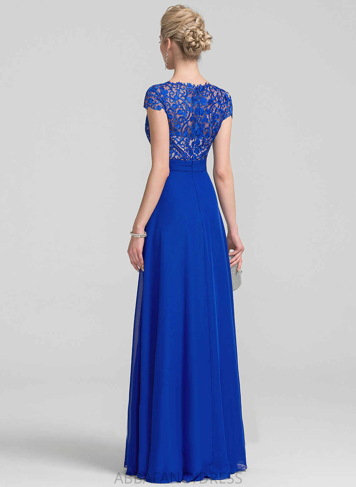 Chiffon Laci With Floor-Length V-neck Lace Prom Dresses A-Line Ruffle