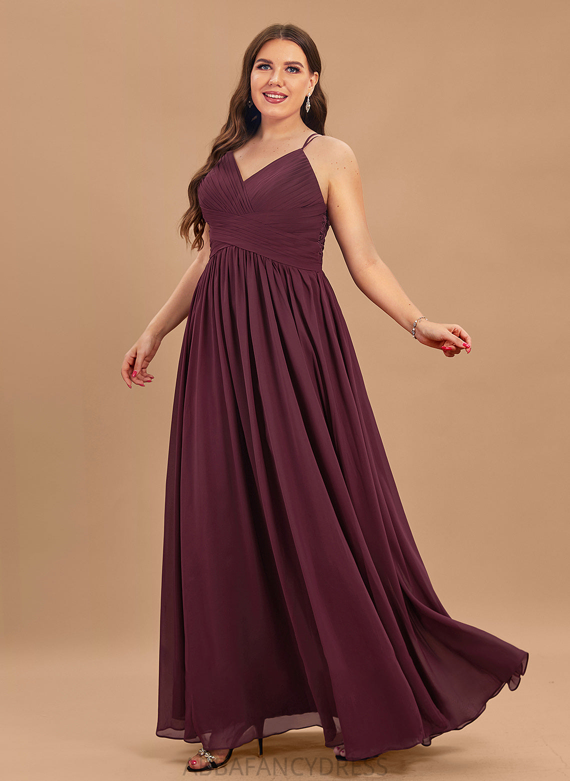 Ruffle A-Line Floor-Length Halle Chiffon Prom Dresses With V-neck Lace