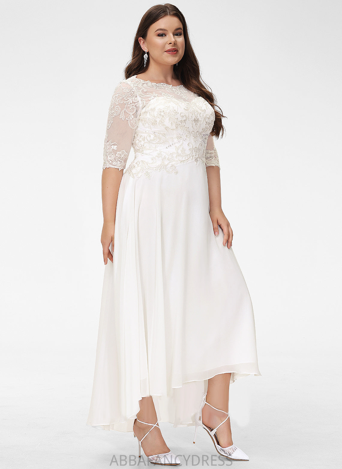 A-Line Beading Scoop Wedding Dresses Wedding Asymmetrical Lace Dress Chiffon Sequins Catherine With