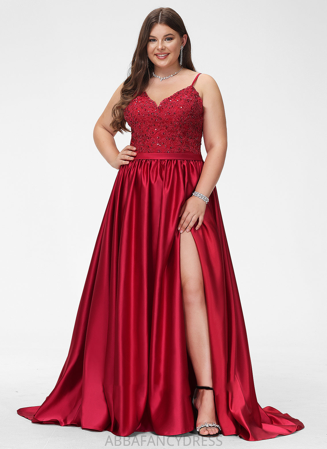 Prom Dresses Ball-Gown/Princess Satin Front Beading With Sweep Sequins Split Train V-neck Jaden