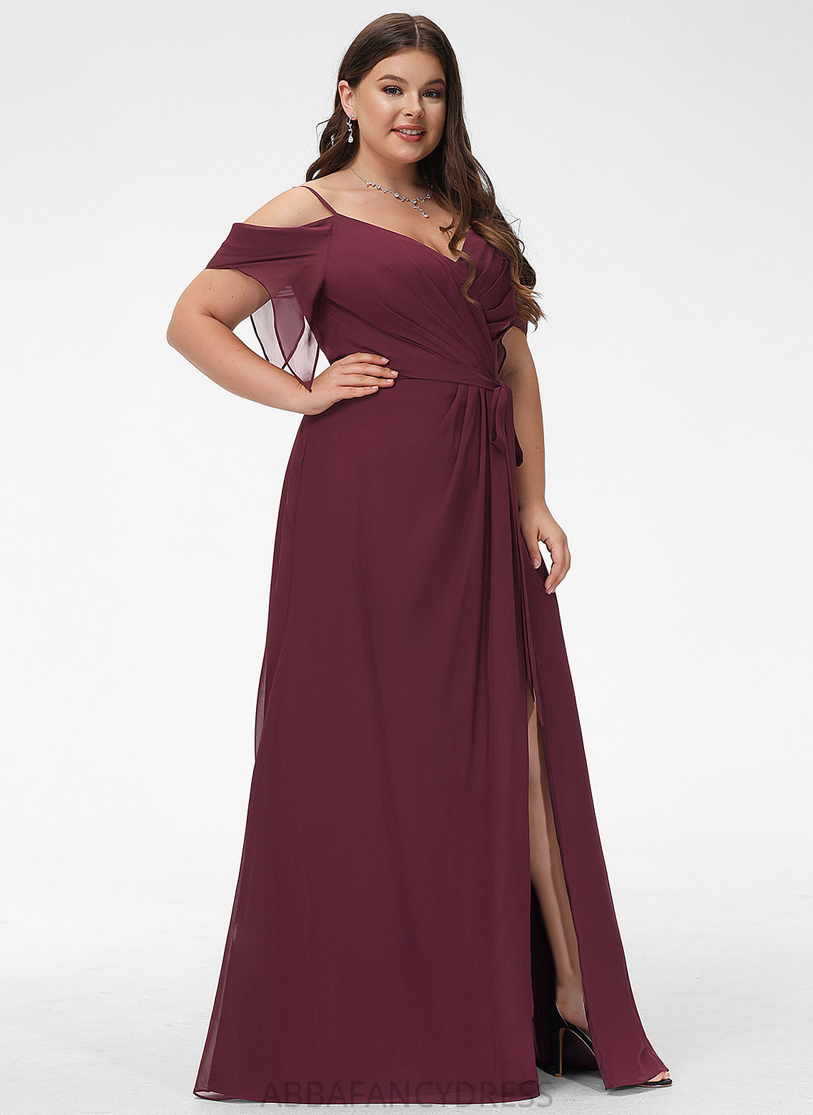 V-neck Nicole With Split Prom Dresses Ruffle Floor-Length A-Line Front