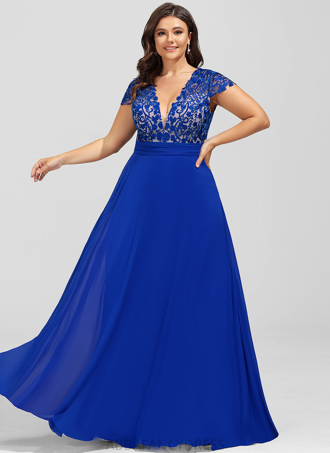 Chiffon Laci With Floor-Length V-neck Lace Prom Dresses A-Line Ruffle