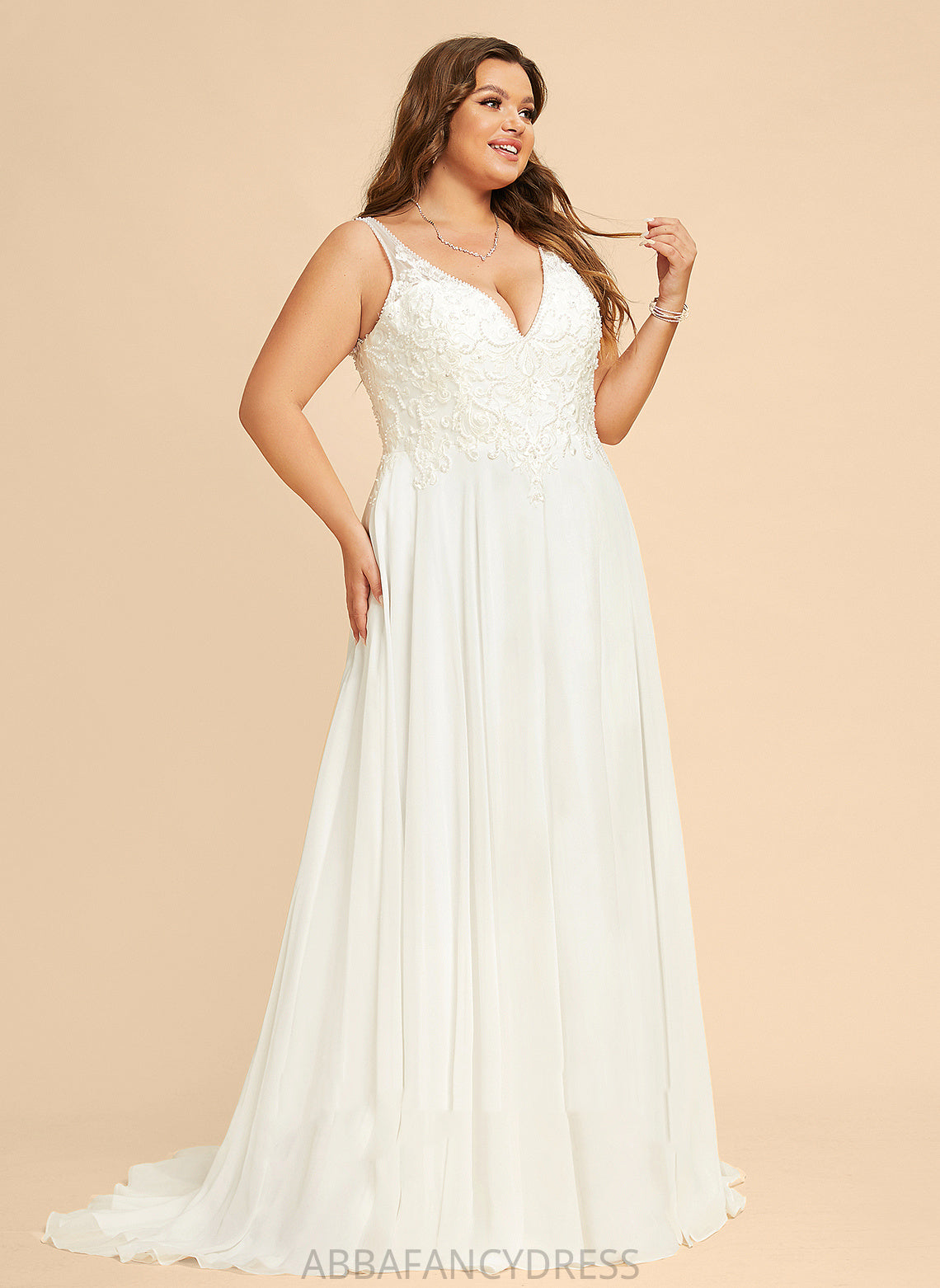 Wedding Dresses Front Sequins Lace Beading Sweep A-Line Train With Split Chiffon V-neck Wedding Dress Tabitha