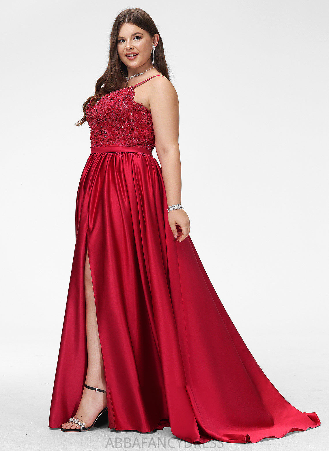 Prom Dresses Ball-Gown/Princess Satin Front Beading With Sweep Sequins Split Train V-neck Jaden