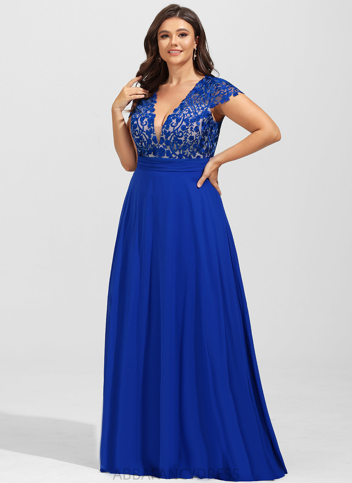 Chiffon Laci With Floor-Length V-neck Lace Prom Dresses A-Line Ruffle