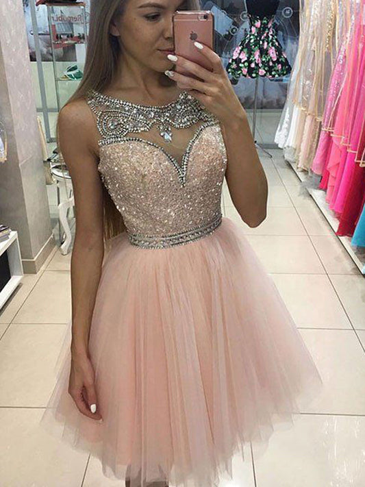 2024 A-Line Scoop Diya Homecoming Dresses Bateau Sleeveless Sequins Beading Tulle Short/Mini