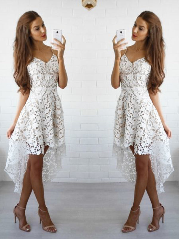 2024 A-Line Spaghetti Straps V Neck Sleeveless High Low Lace Homecoming Dresses Alisha Short/Mini