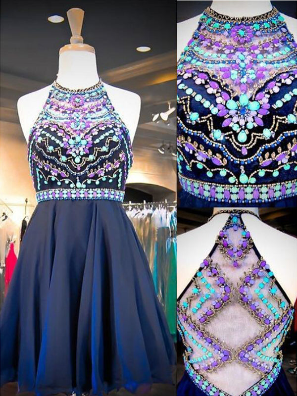 2024 A-Line Halter Sleeveless Rhinestone Beaded Kara Chiffon Homecoming Dresses Short/Mini