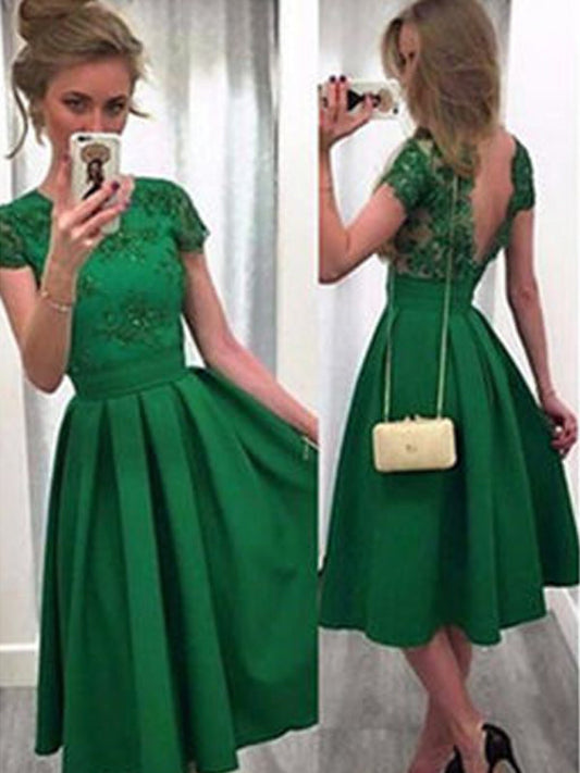 2024 A-Line Scoop Neck Short Sleeve Lucy Lace Satin Homecoming Dresses V Back Tea-Length