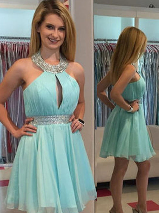 Chiffon Homecoming Dresses Lauryn 2024 A-Line Halter Sleeveless Cut Out Beading Sash/Ribbon/Belt Cut Short/Mini